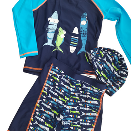 Conjunto traje baño Azul Tiburones  3-4 años - ZAPALLITO